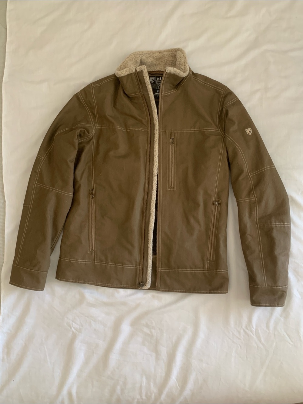 KÜHL Men's Burr Lined Canvas Jacket Khaki Brown Fleece Collar Style 1053 NWOT S
